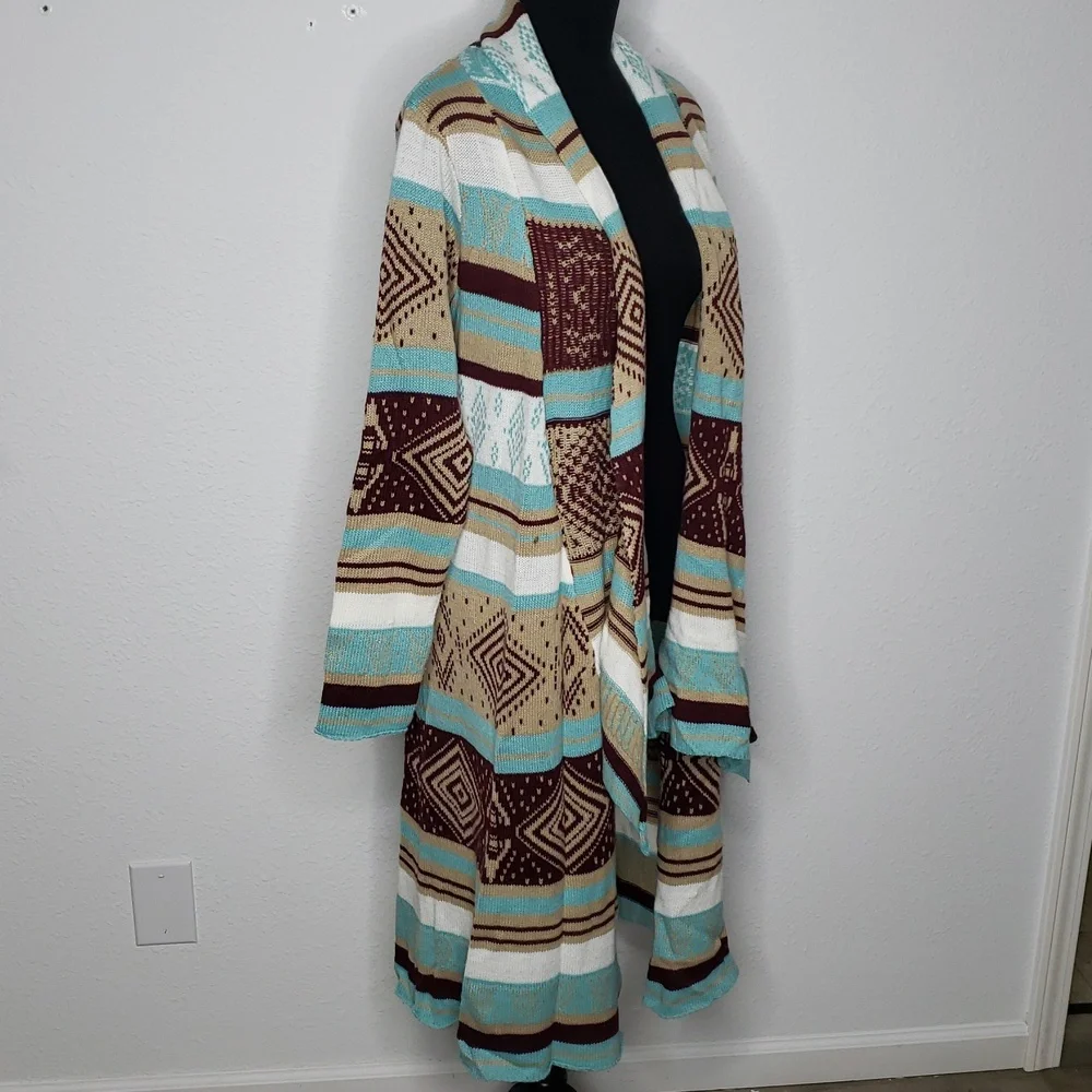 Love Cotton Knit Southwestern Asymmetric Long Line Open Front Cardigan Size M/L
